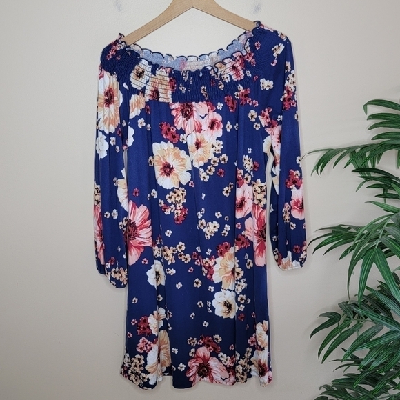 Gilli | Blue Pink Tan Floral Off Shoulder Dress Size Large - Picture 1 of 6